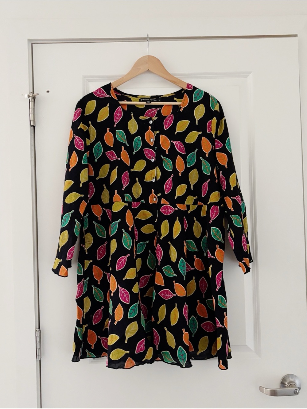 Gudrun Sjodgen Leaf Print Button Down Tunic Dress Cotton Lagenlook